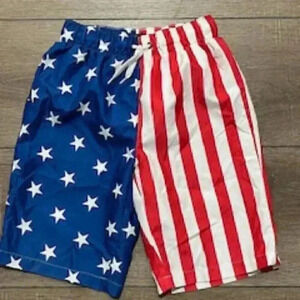 Patriotic Stars & Stripes boys med 10/12‎ lined Swim trunks board shorts red EUC